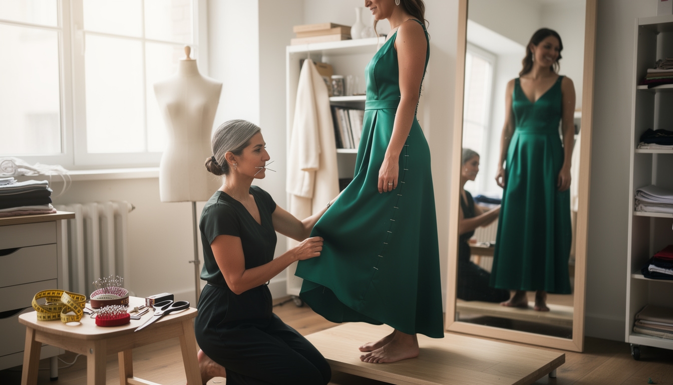 Schneiderin passt ein Abendkleid bei einer Anprobe an