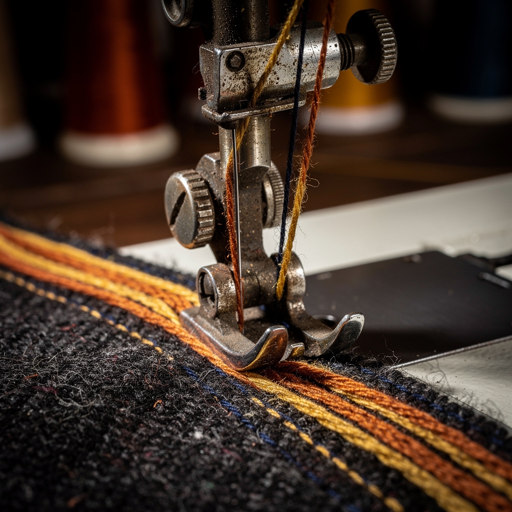 Detailaufnahme einer Nähmaschine mit bunten Fäden im Atelier