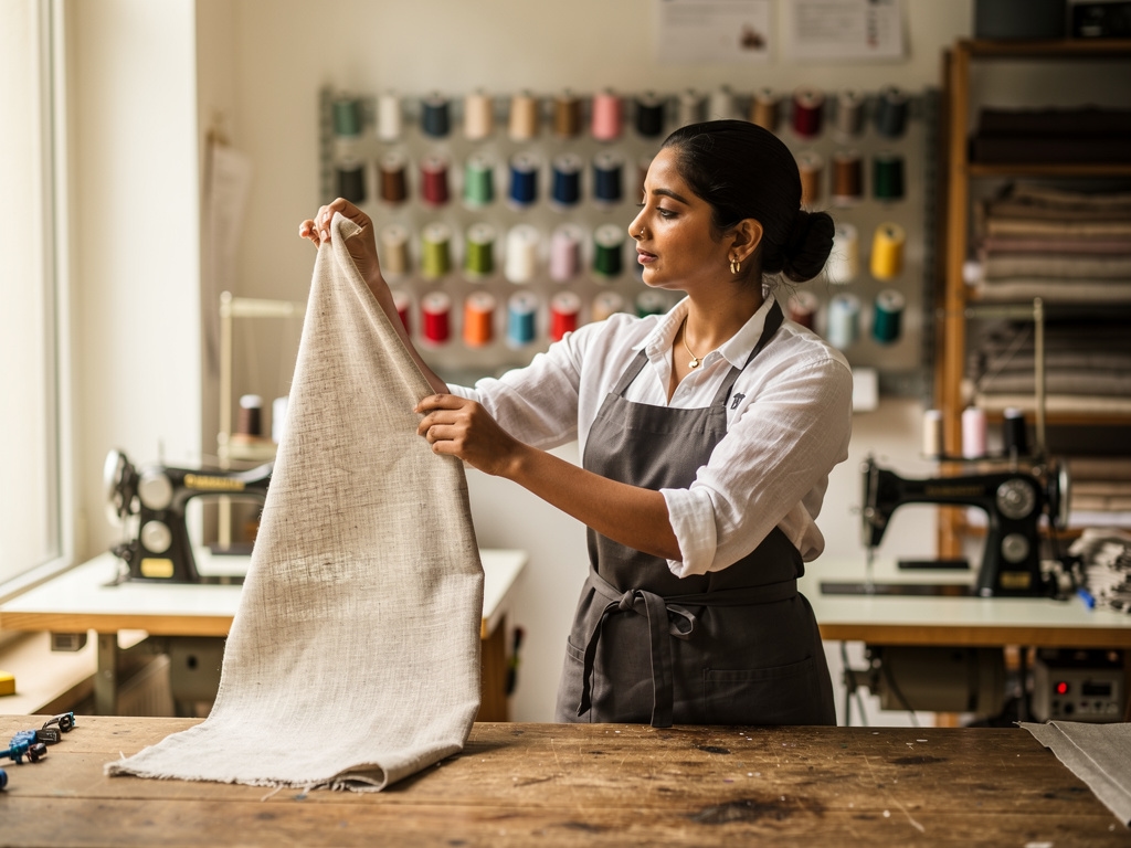 Schneiderin arbeitet im Atelier in Stuttgart an einem Kleidungsstück