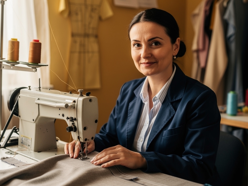 Porträt der Schneiderin im Atelier, konzentriert bei der Arbeit